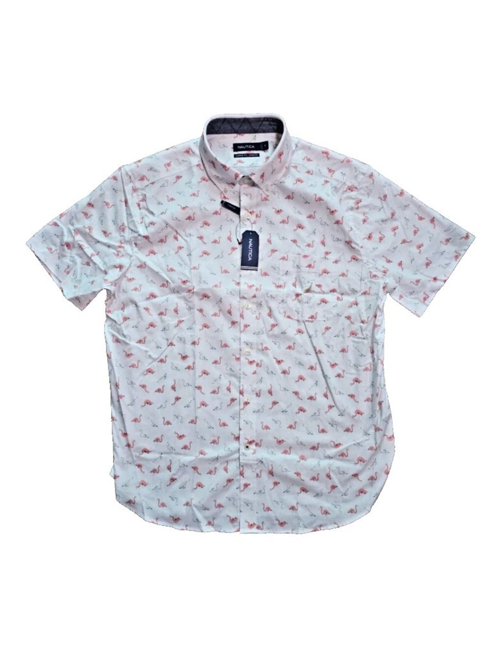 Nautica Men's SS Stretch Oxford Shirt - Bright White Pink Flamingo Print XL NWT